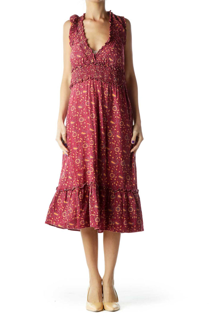 Red Printed Midi Day Dress