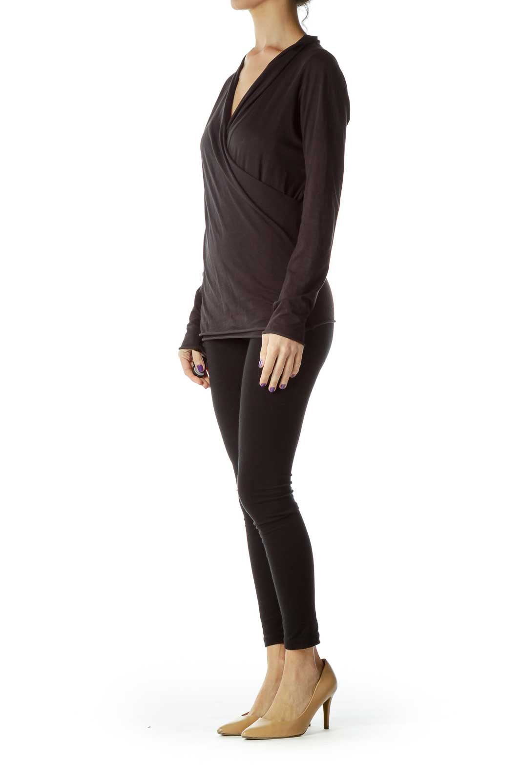 Black Surplice Long Sleeve Top