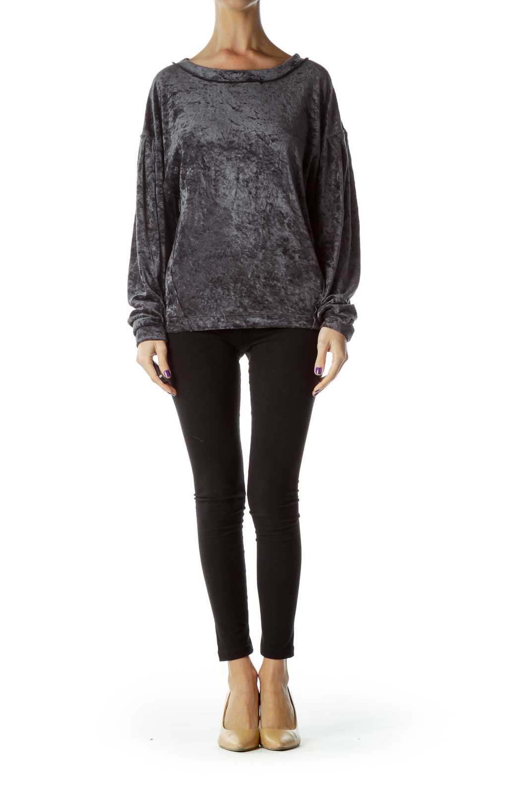 Front view of gray crushed velvet oversized sweater from Free People