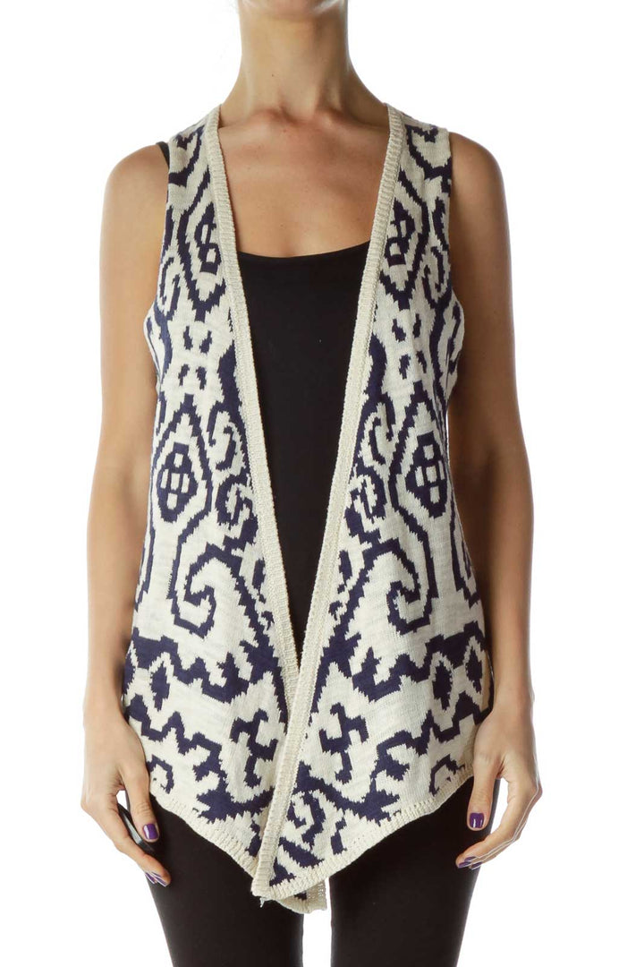 Beige Navy Crocheted Printed Vest