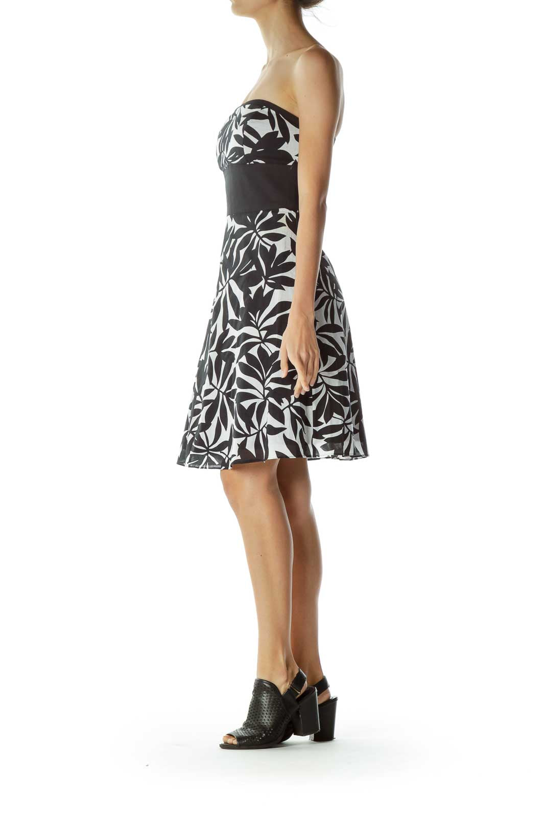 Black White Print Strapless A-Line Dress