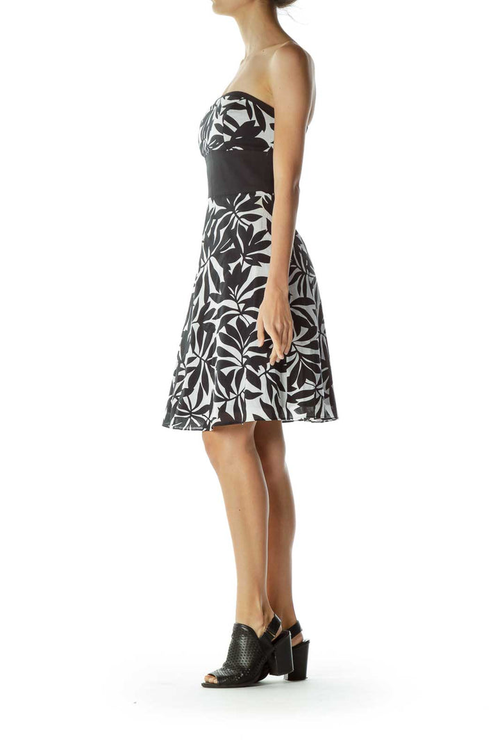 Black White Print Strapless A-Line Dress