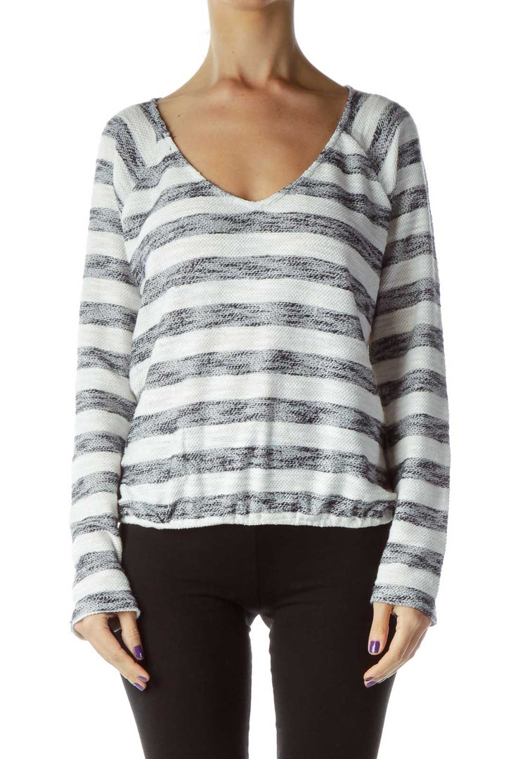 White Blue Stripe V-Neck Sweater