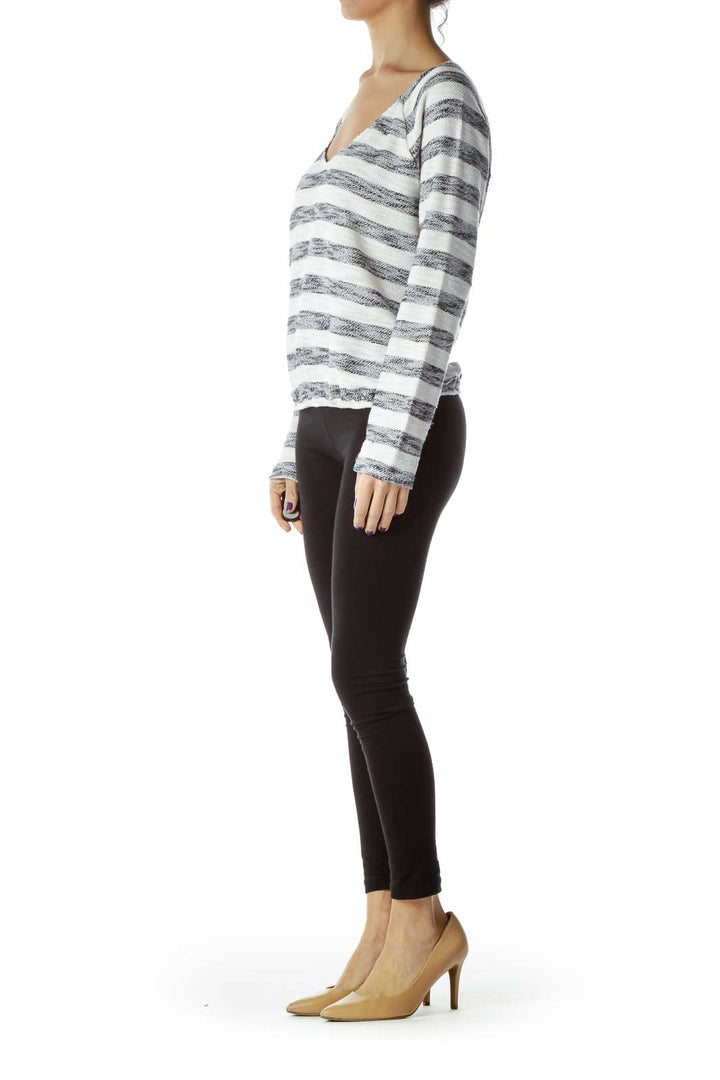 White Blue Stripe V-Neck Sweater