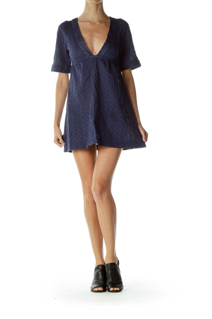 Navy Eyelet V-Neck Day Dress