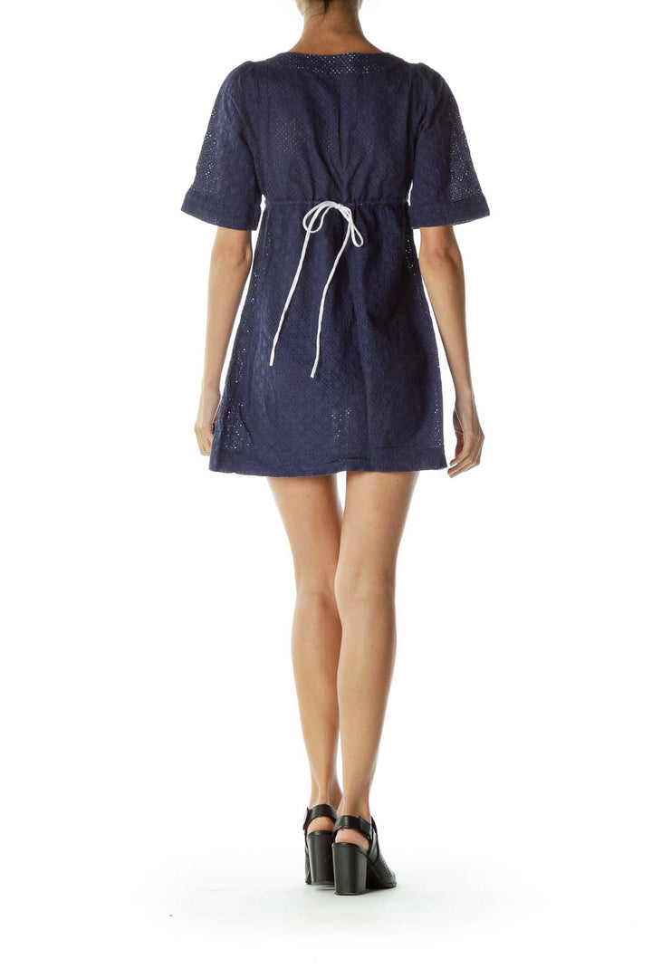 Navy Eyelet V-Neck Day Dress