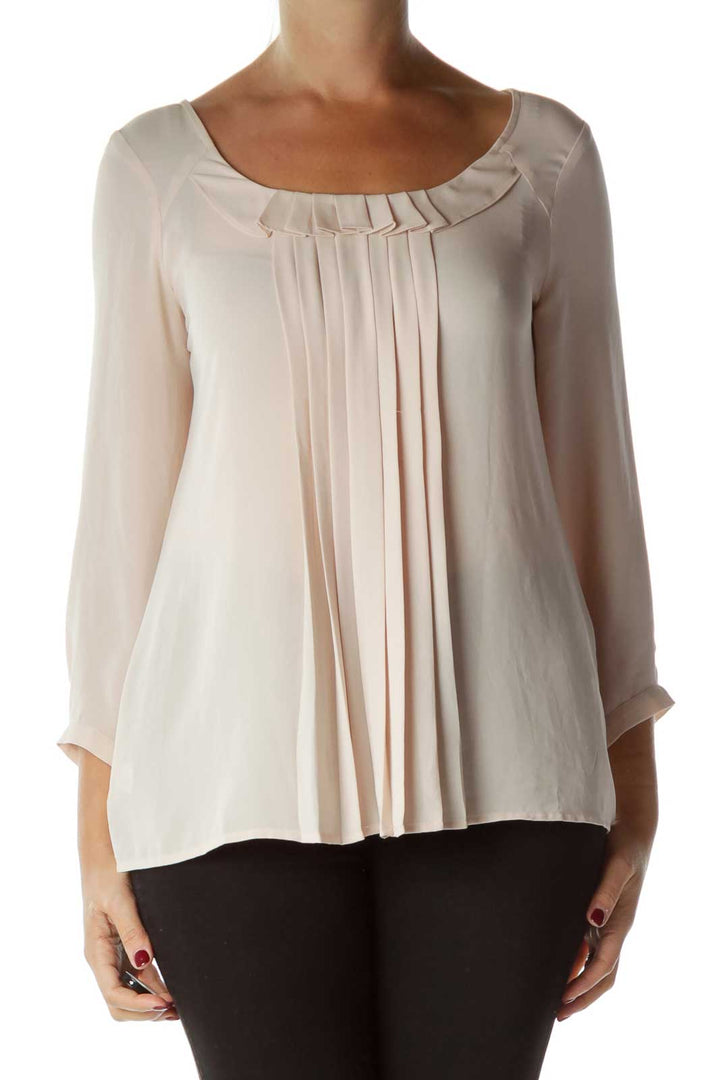 Pink Pleated Round Neck Blouse