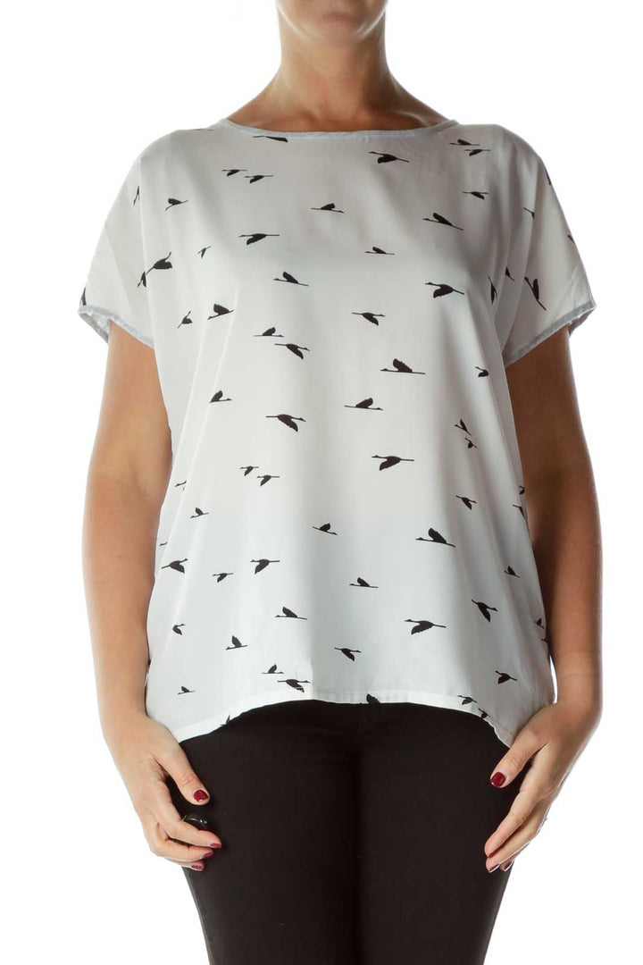 White Black Bird Print Sleeveless Blouse