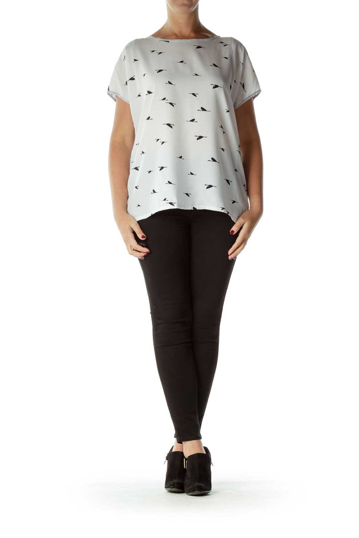 White Black Bird Print Sleeveless Blouse