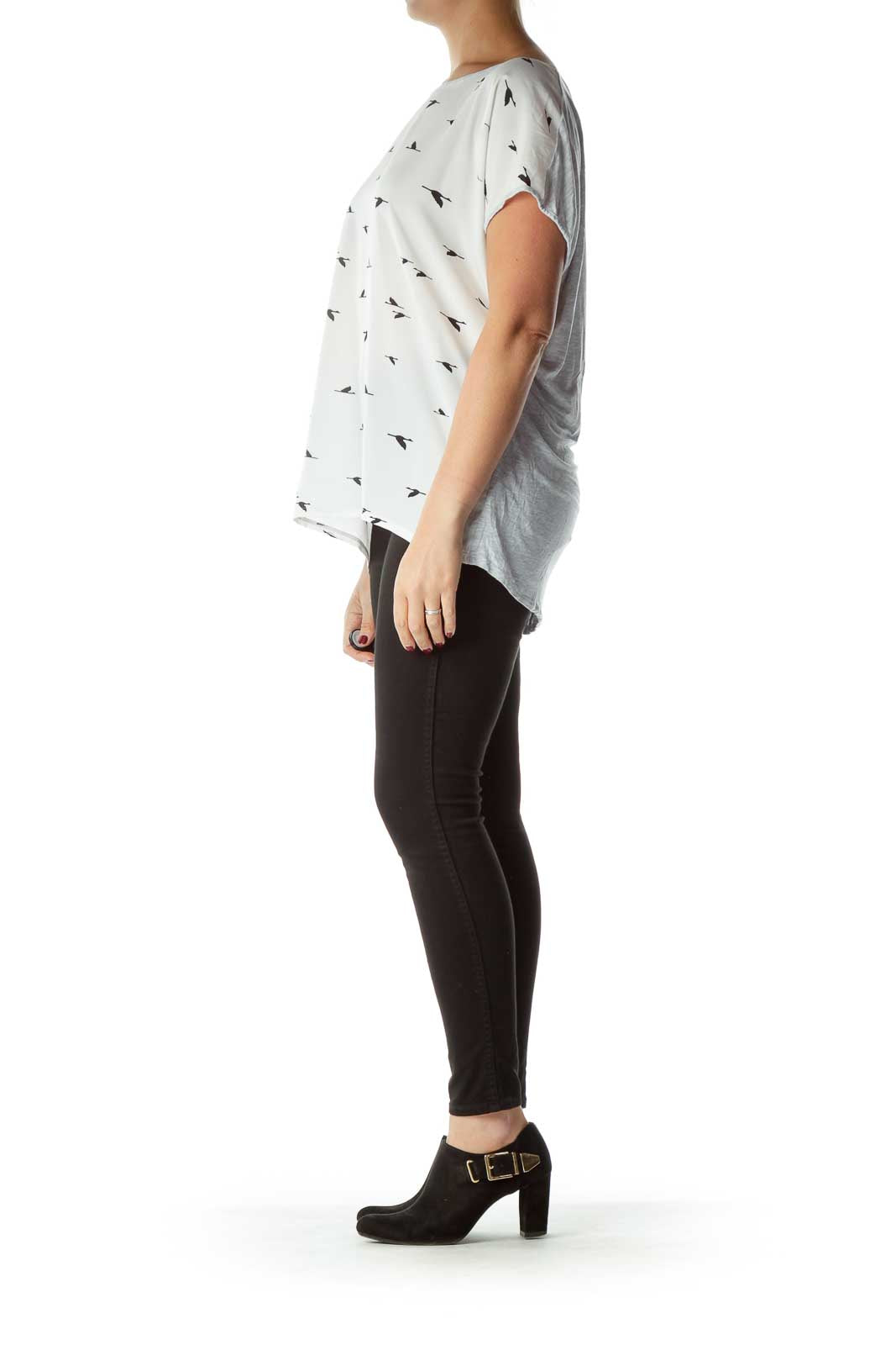 White Black Bird Print Sleeveless Blouse