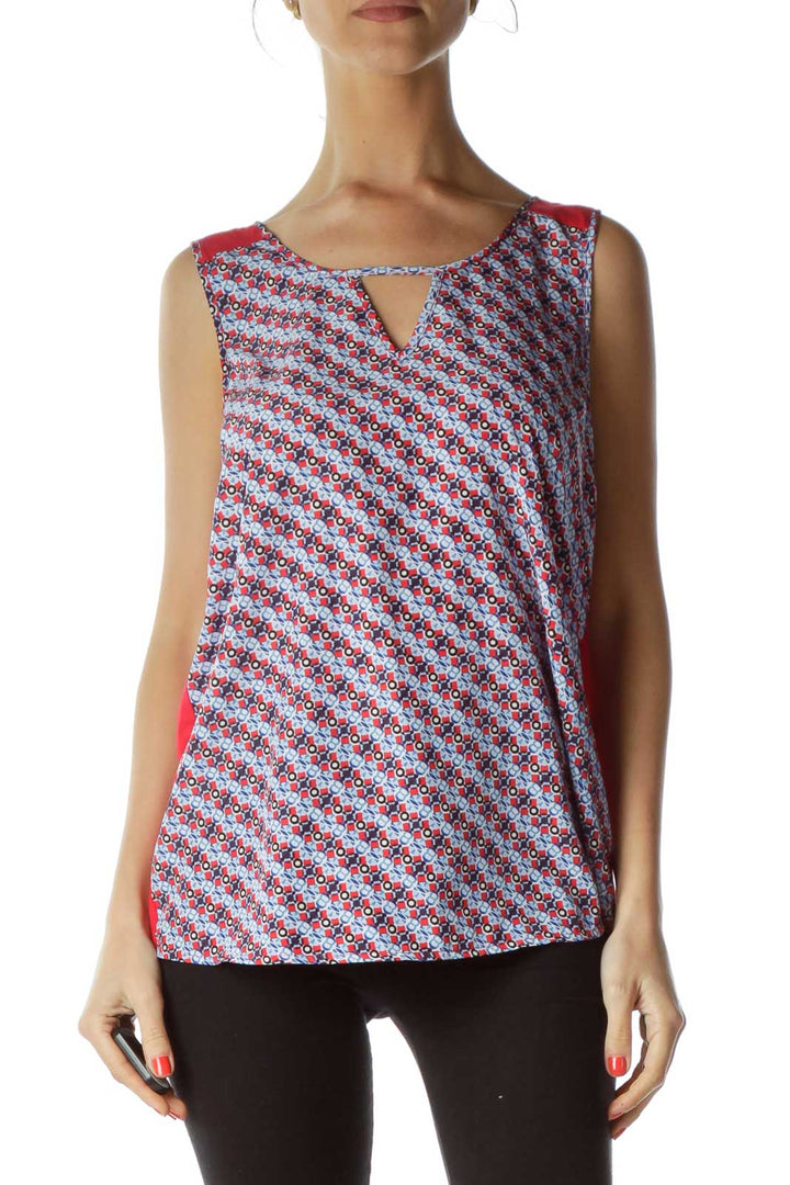 Blue Red Printed Sleeveless Blouse