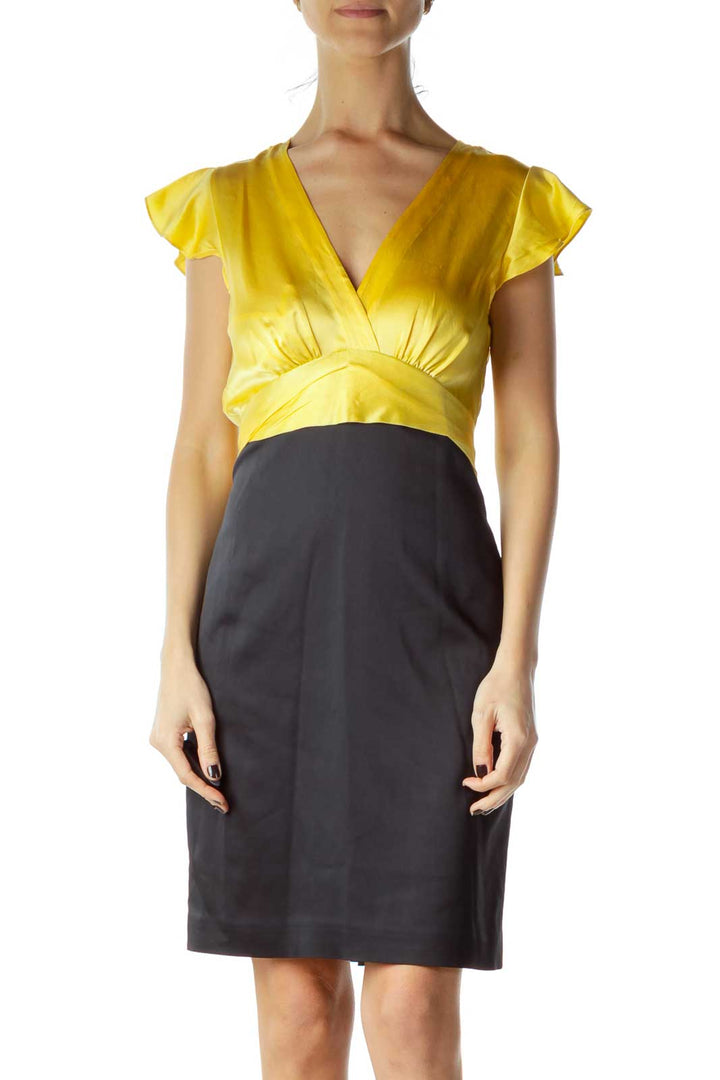 Yellow Black Faux-Silk Bell-Sleeve Work Dress