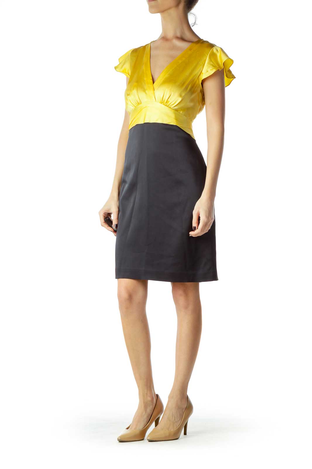 Yellow Black Faux-Silk Bell-Sleeve Work Dress