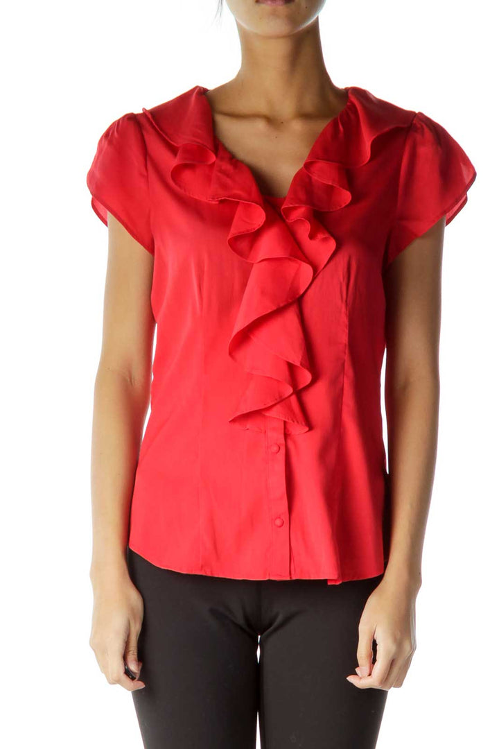 Red Ruffled Buttoned Faux-Silk Blouse