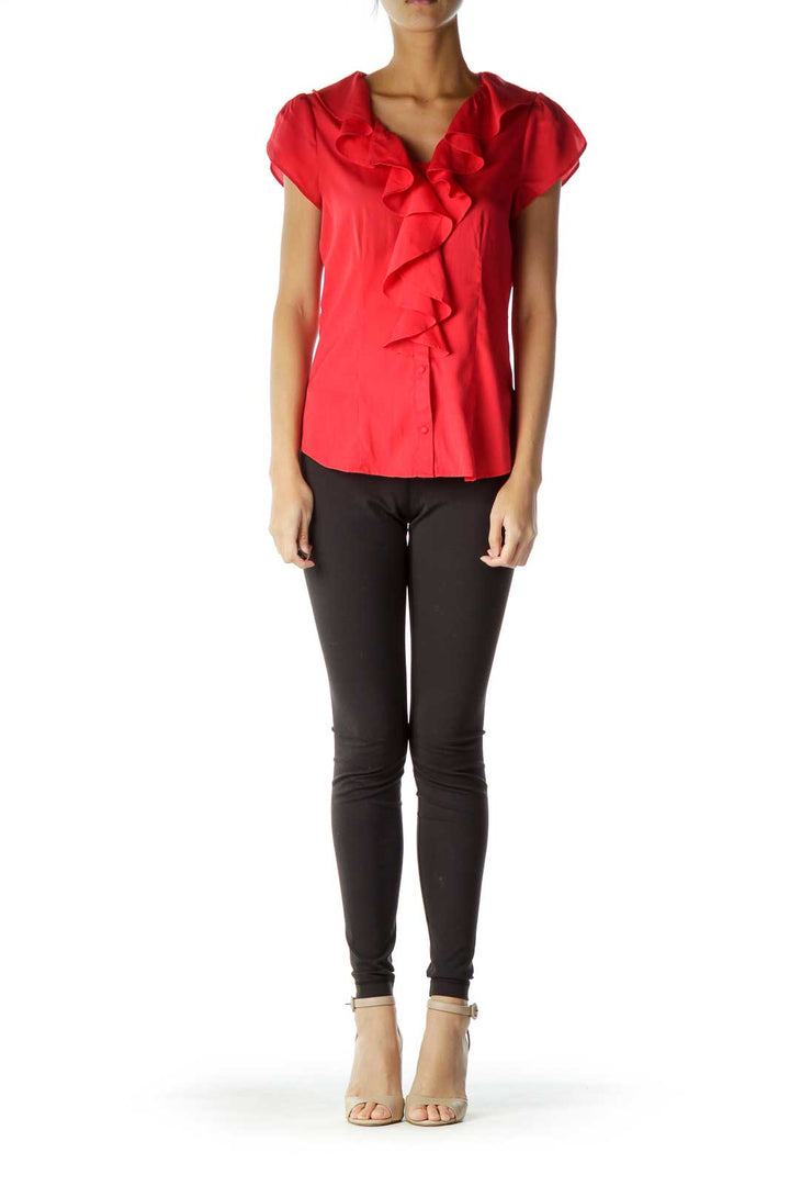 Red Ruffled Buttoned Faux-Silk Blouse