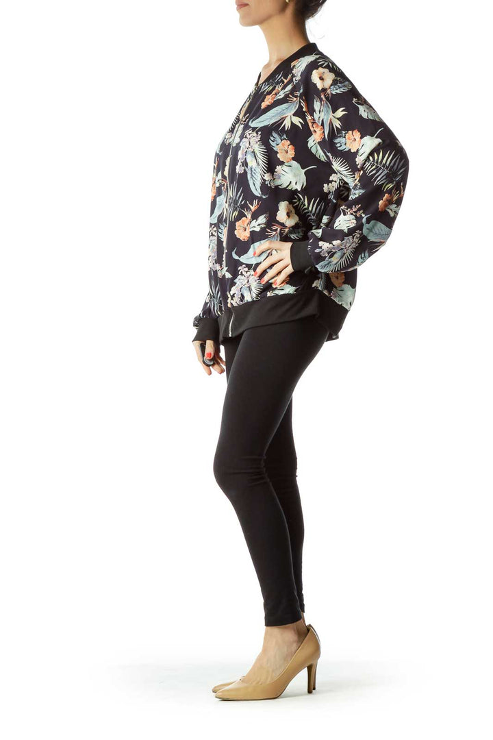 Blue Orange Floral Print Bomber Jacket