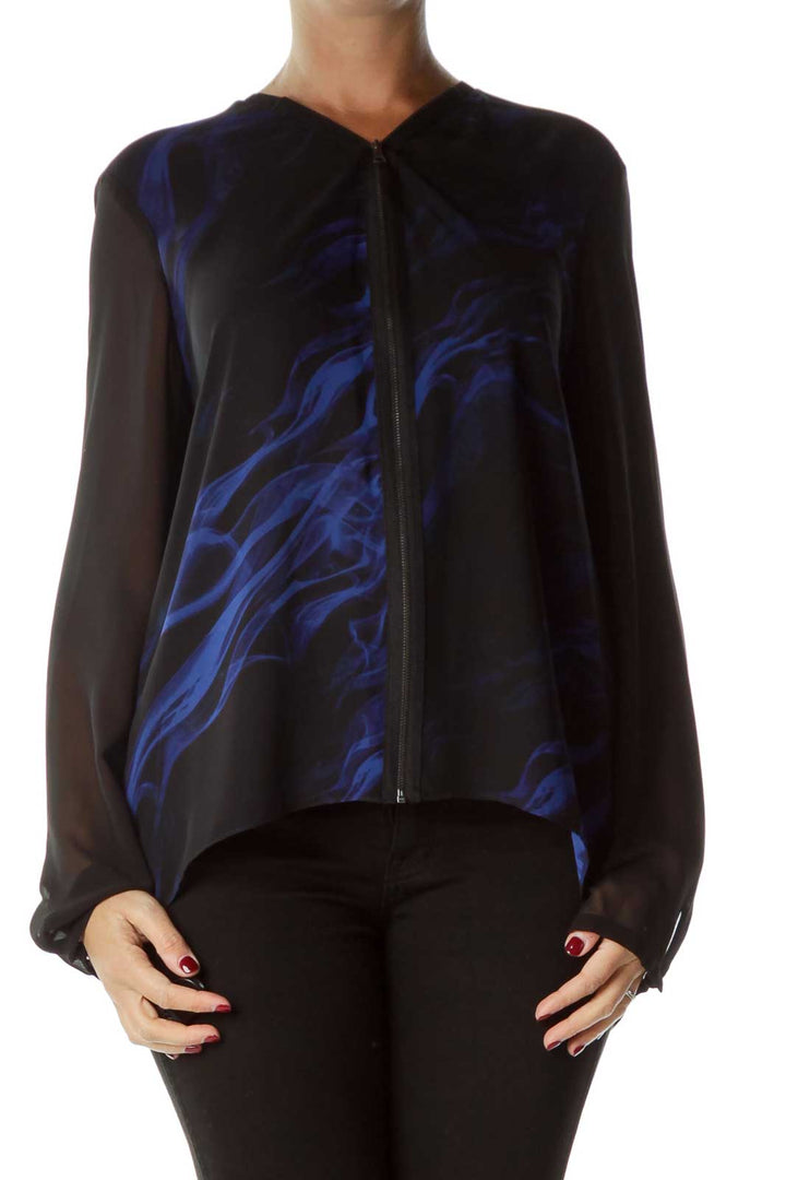 Black Blue Print Zippered Blouse