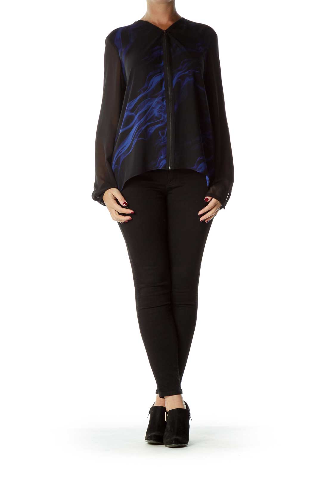 Black Blue Print Zippered Blouse