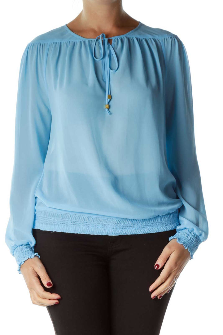 Blue Scrunched V-Neck Blouse