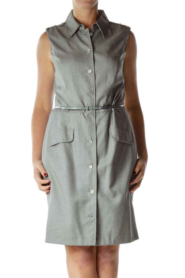 Gray Sleeveless Buttoned Work Dress