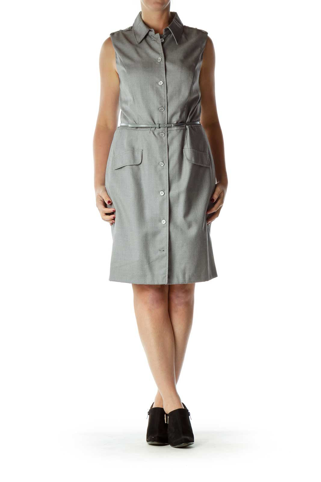 Gray Sleeveless Buttoned Work Dress