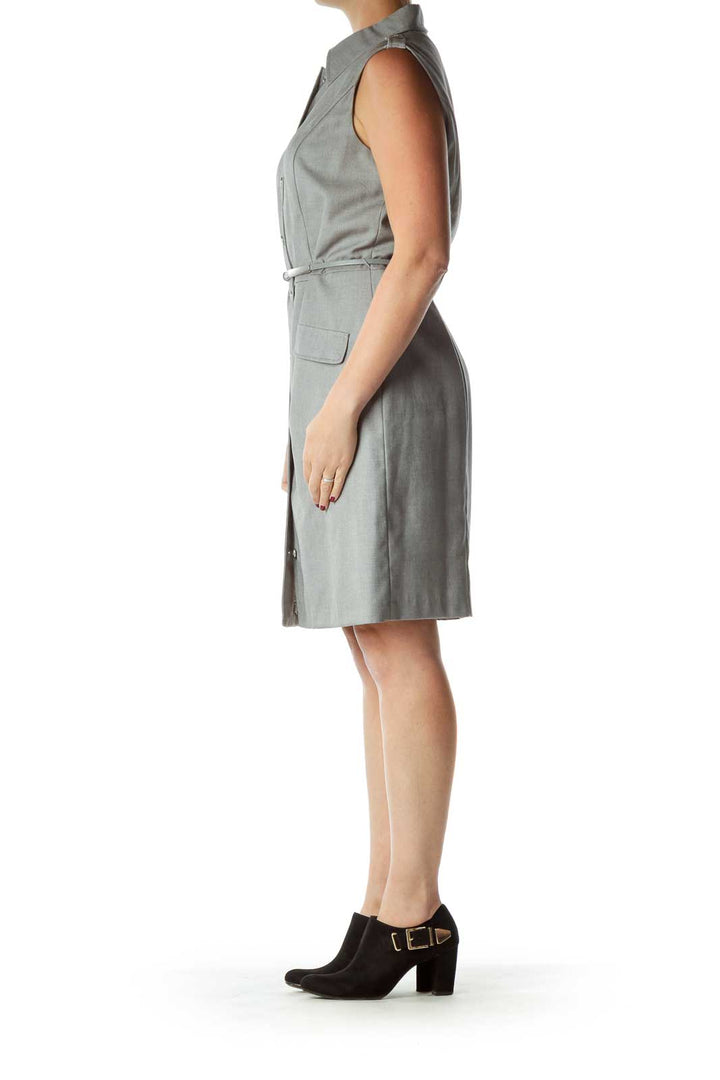 Gray Sleeveless Buttoned Work Dress