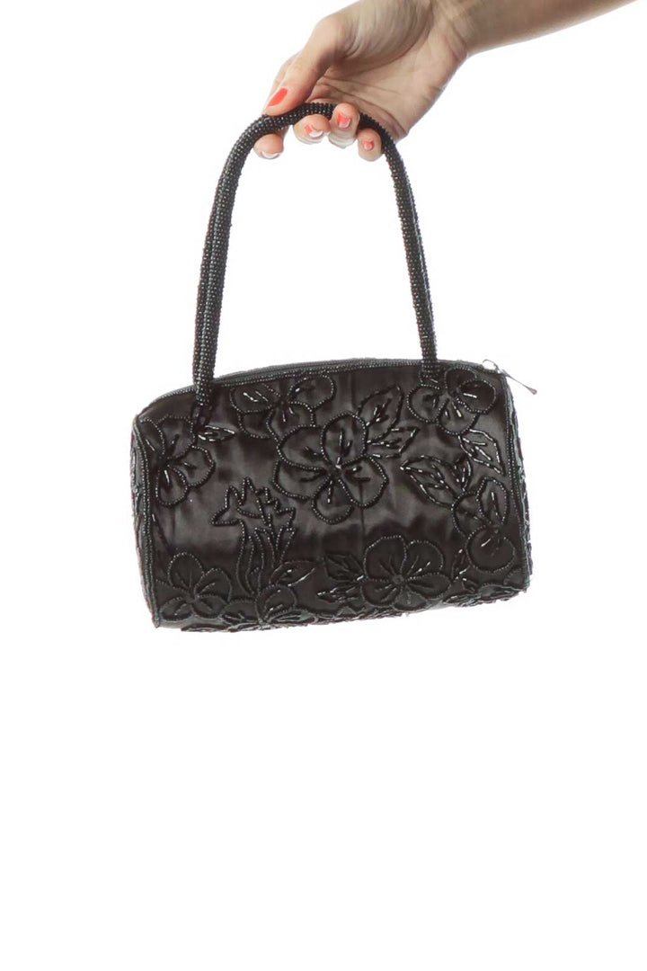 Black Flower Design Beaded Bag