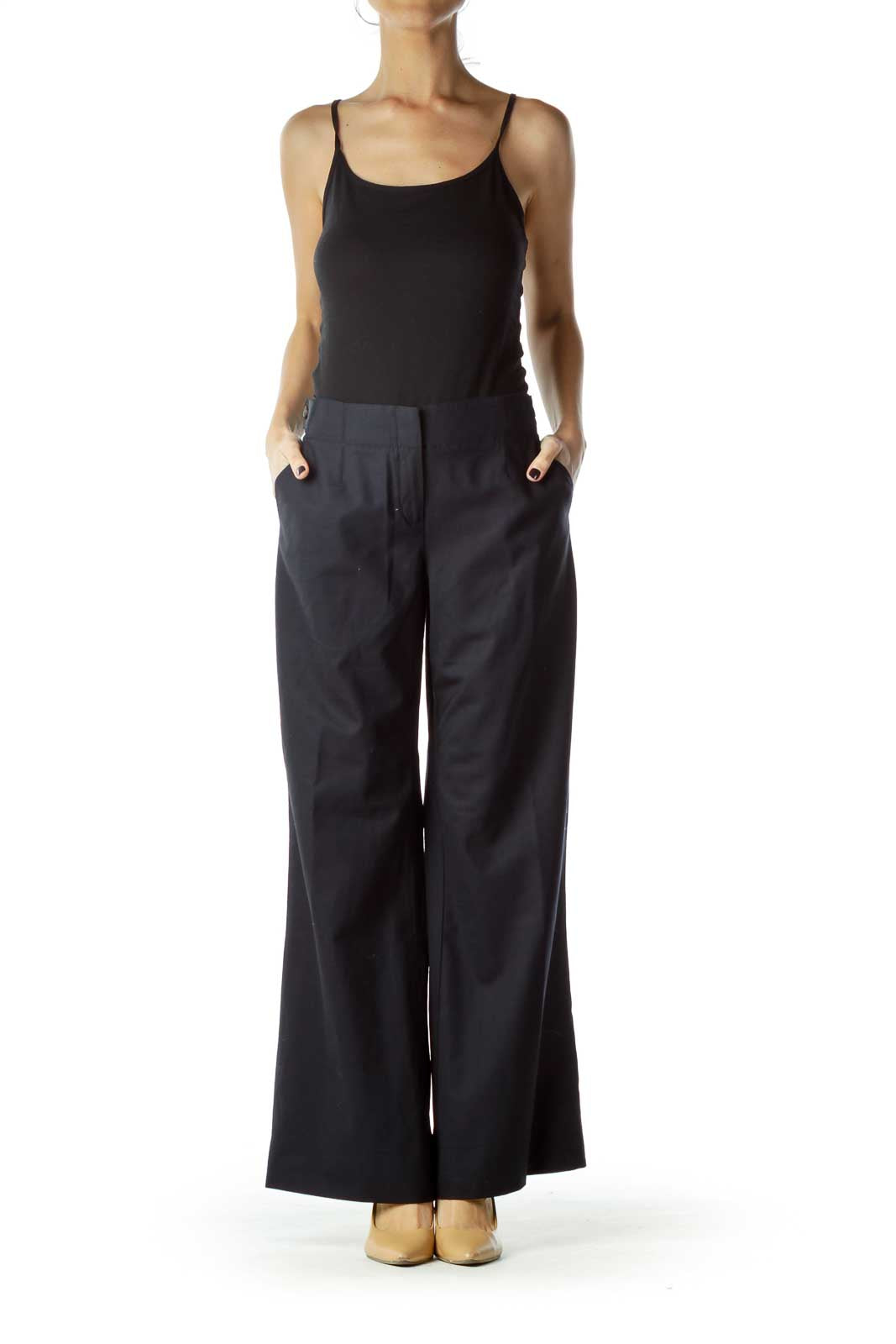 Navy Wool Wide Leg Slacks