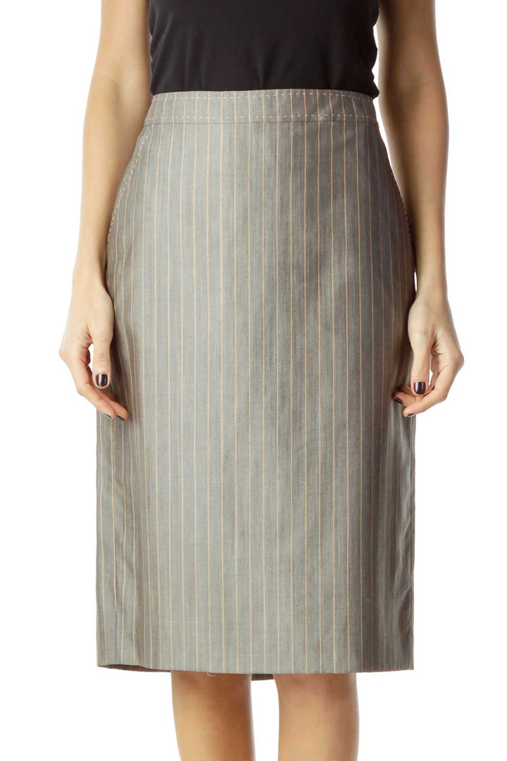 Gray Striped Wool Silk Pencil Skirt