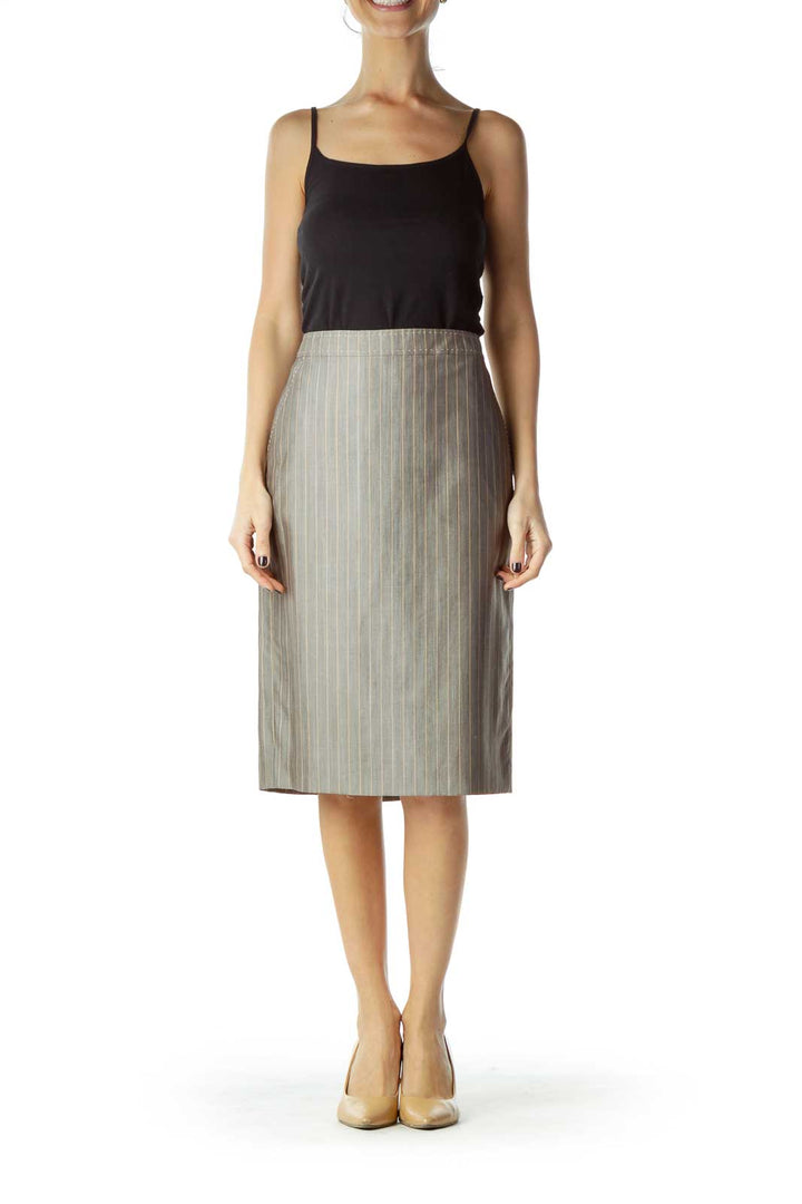 Gray Striped Wool Silk Pencil Skirt