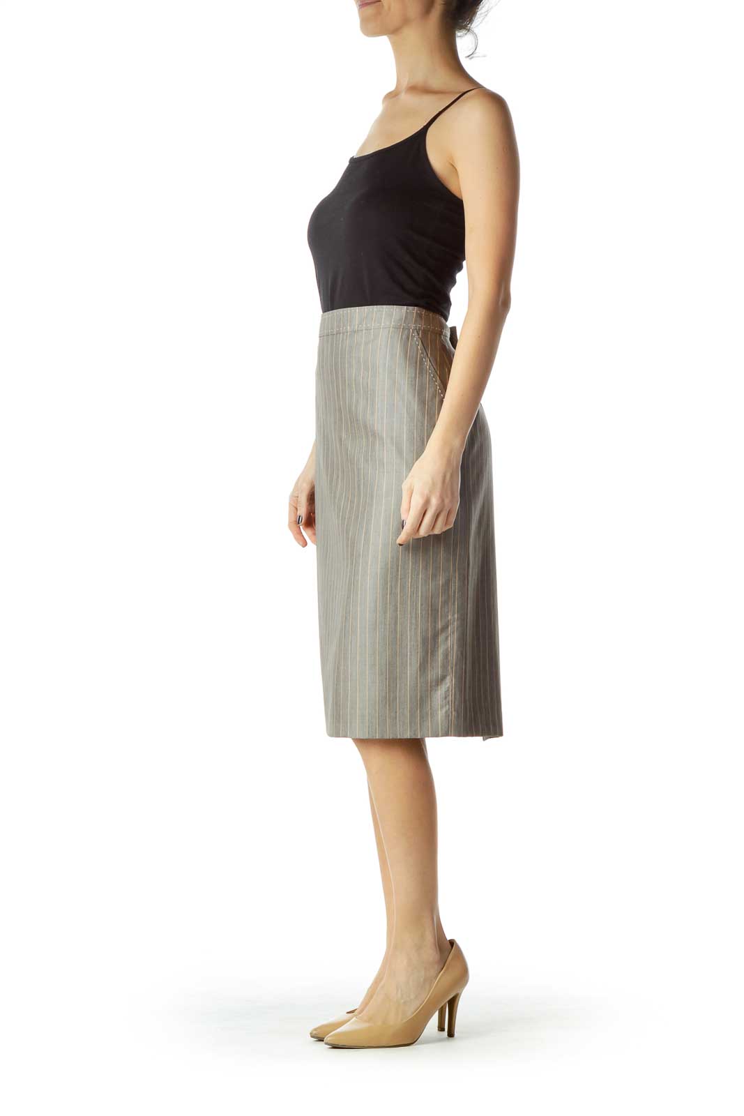 Gray Striped Wool Silk Pencil Skirt