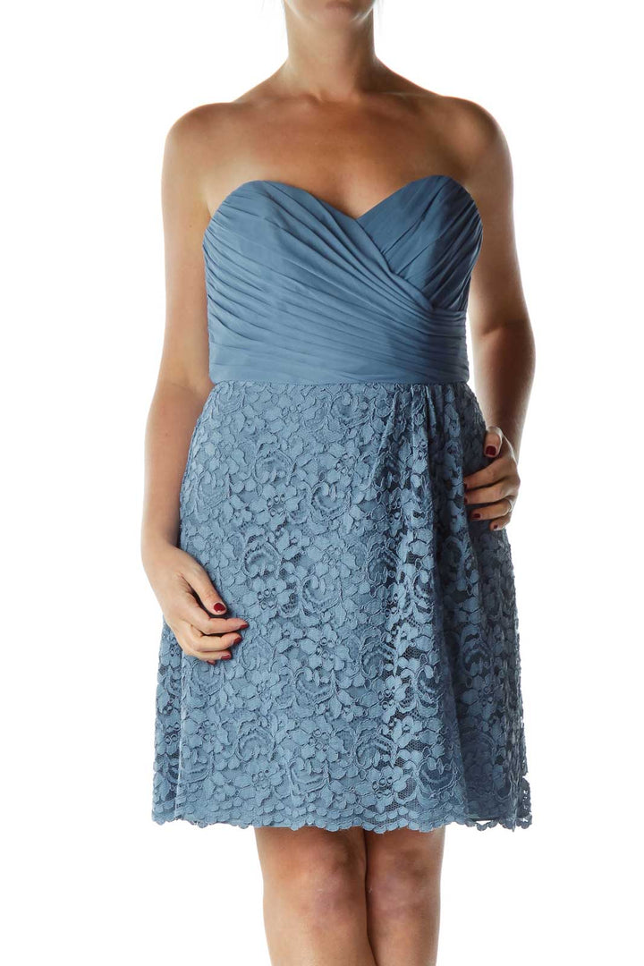 Blue Strapless Lace Cocktail Dress