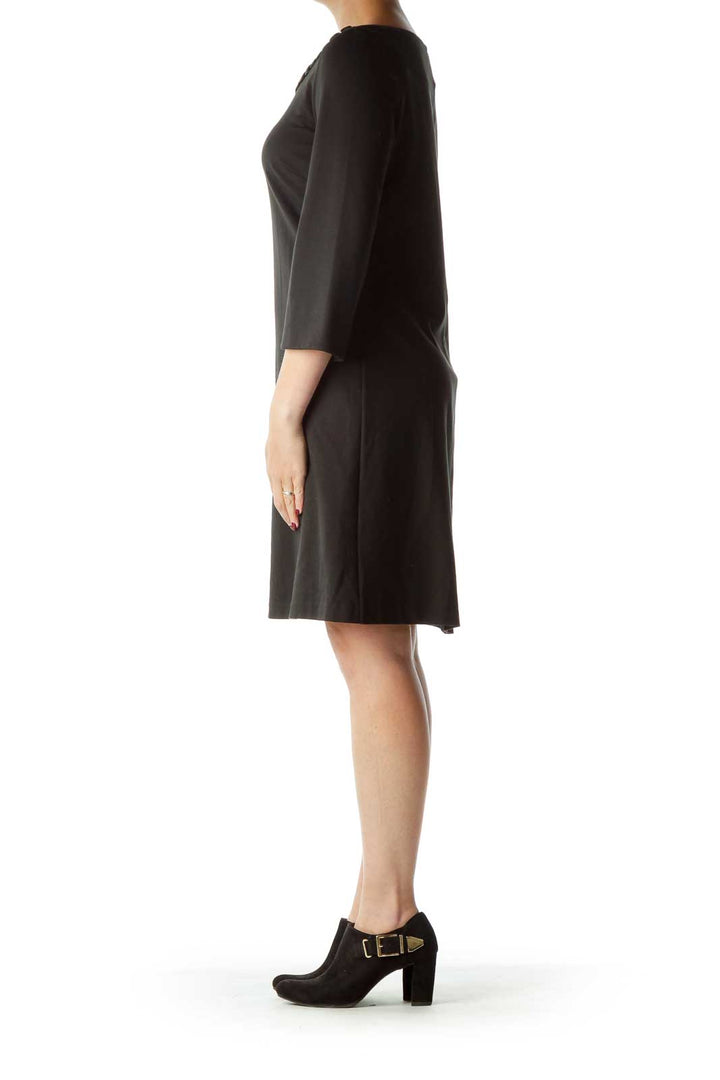 Black Long Sleeve Shift with Neckline Detail