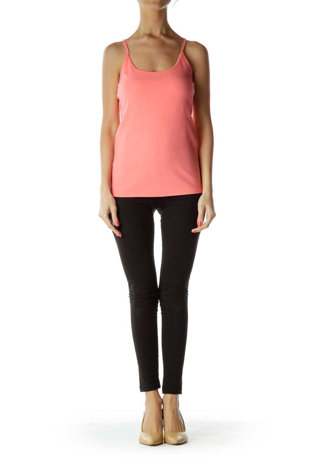 Front view of coral Free People tank top with thin straps