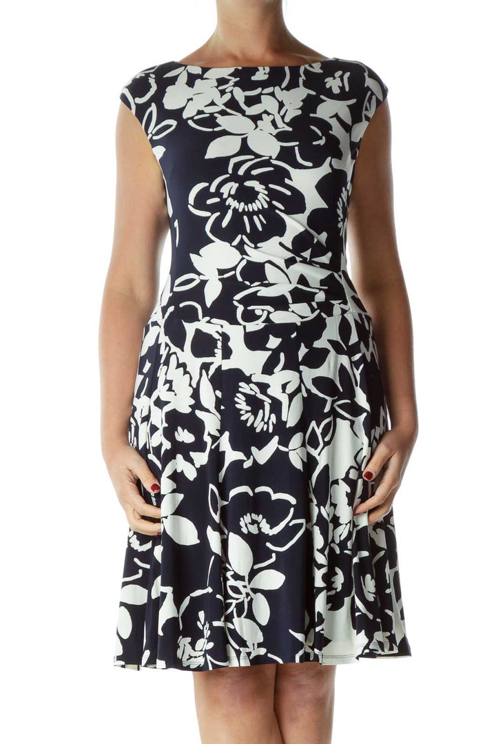 Black White Boatneck Floral Dress