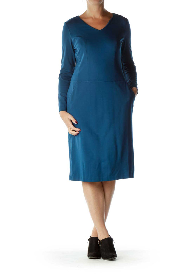 Blue Long Sleeve Sheath Dress