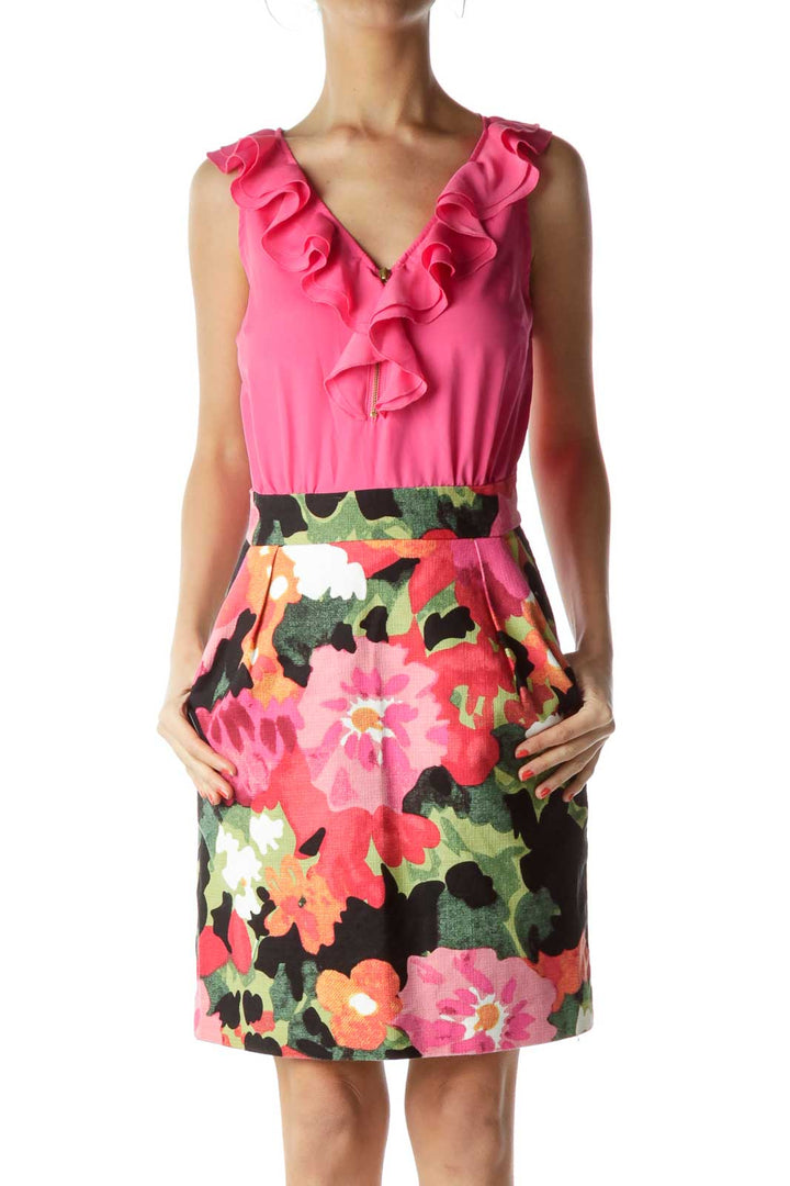 Pink Ruffle Sleeveless Sheath Dress