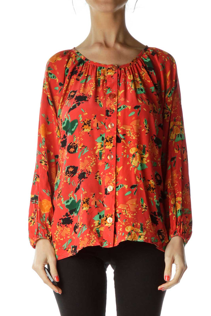 Orange Print Silk Blouse with Buttons