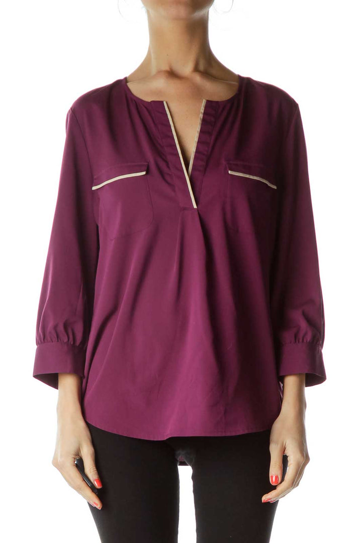 Purple Biege Pocketed Blouse