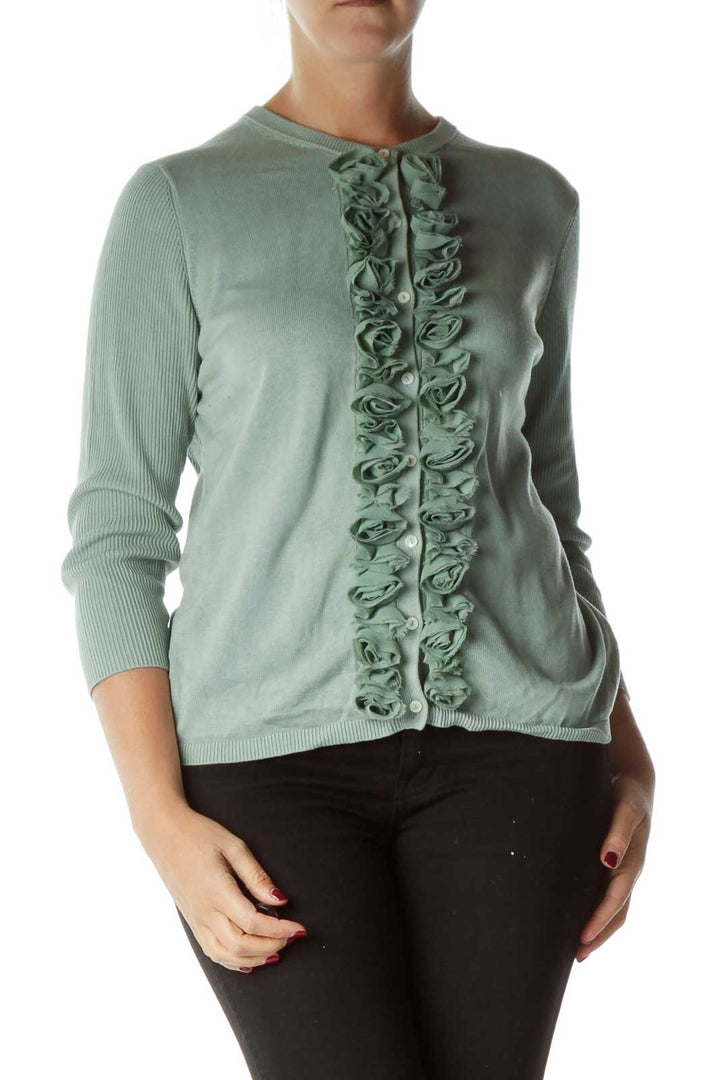 Green Ribbed Ruffled Cardigan