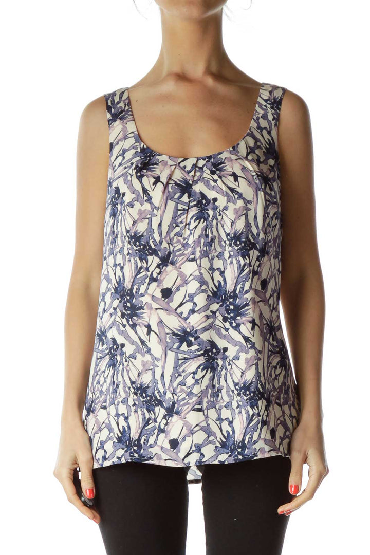 Blue Purple Sleeveless Print Blouse