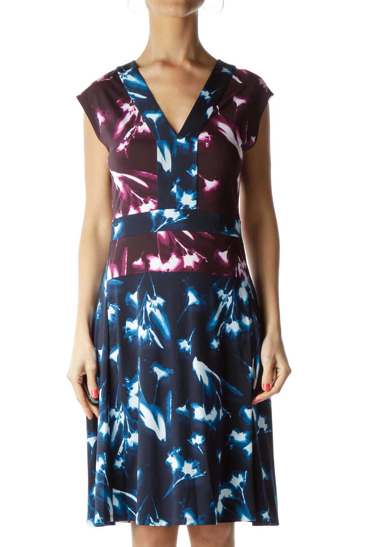 Purple Print Empire Waist A-Line Dress