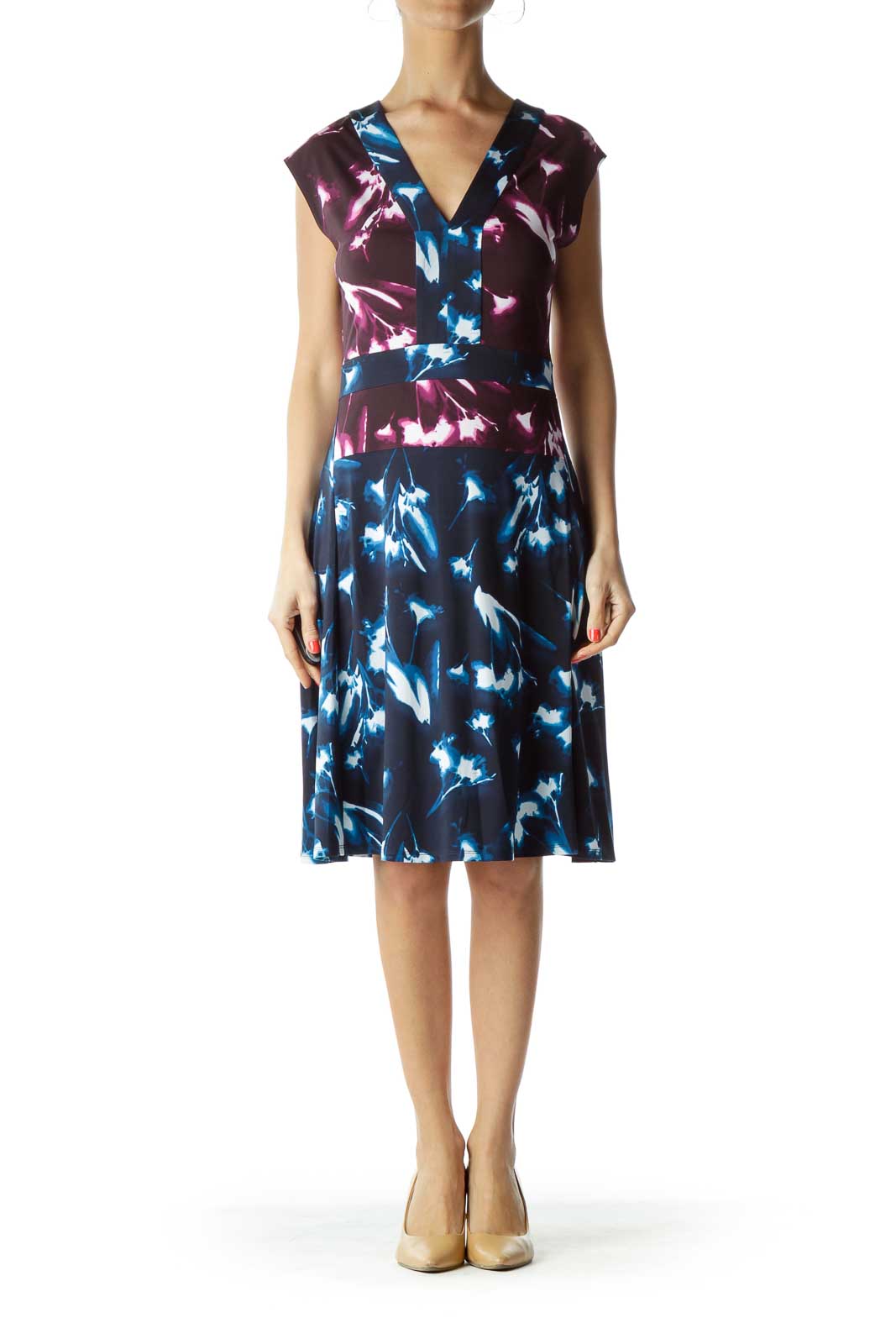 Purple Print Empire Waist A-Line Dress