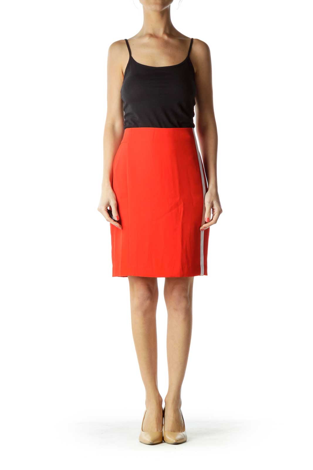 Red Pencil Skirt with Stripe