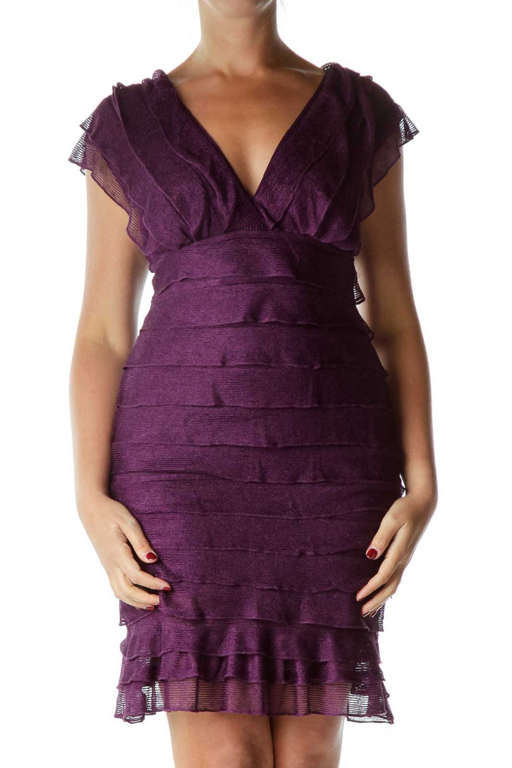 Purple Metallic Pleated Cocktail Dress