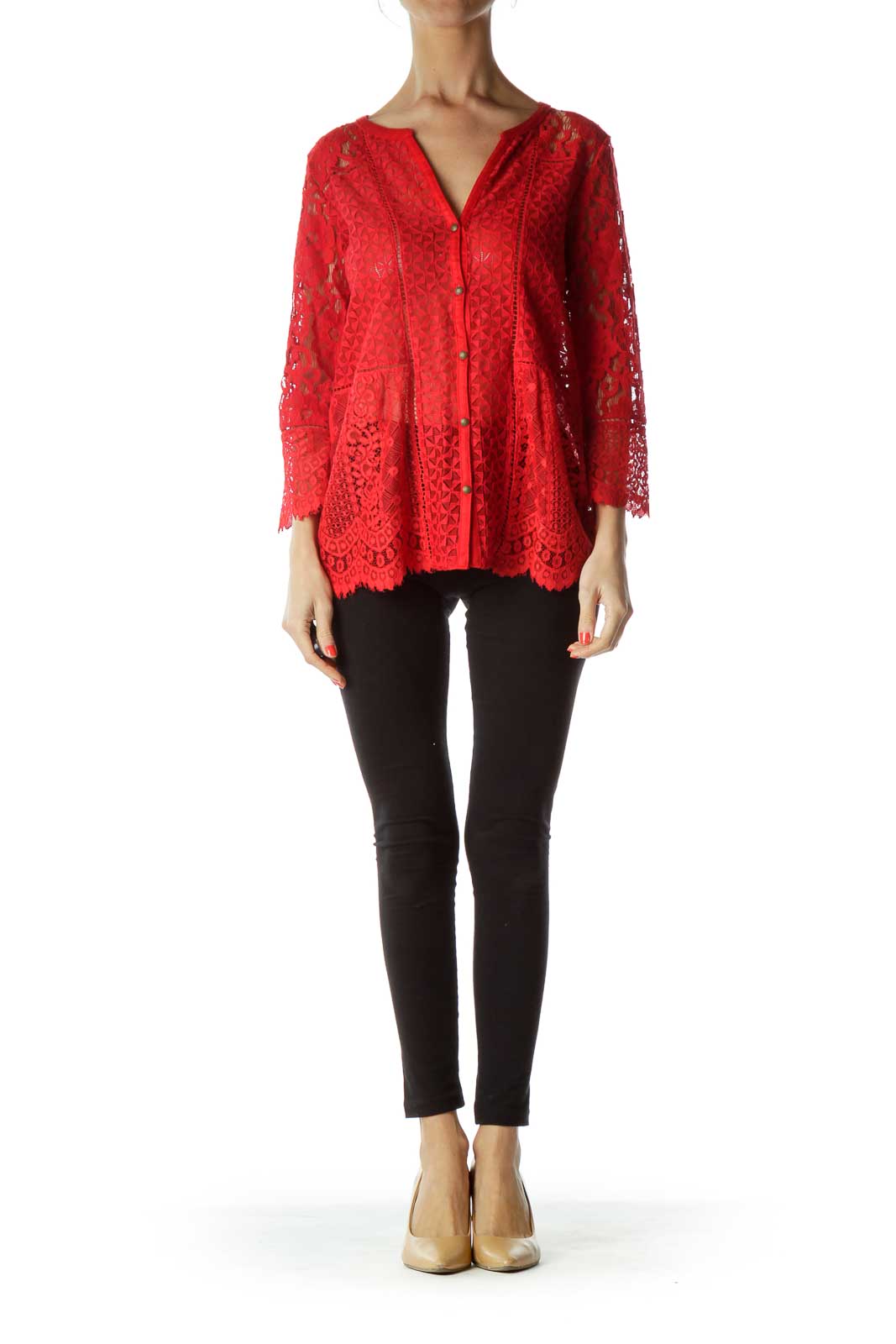 Red Lace Buttoned Blouse