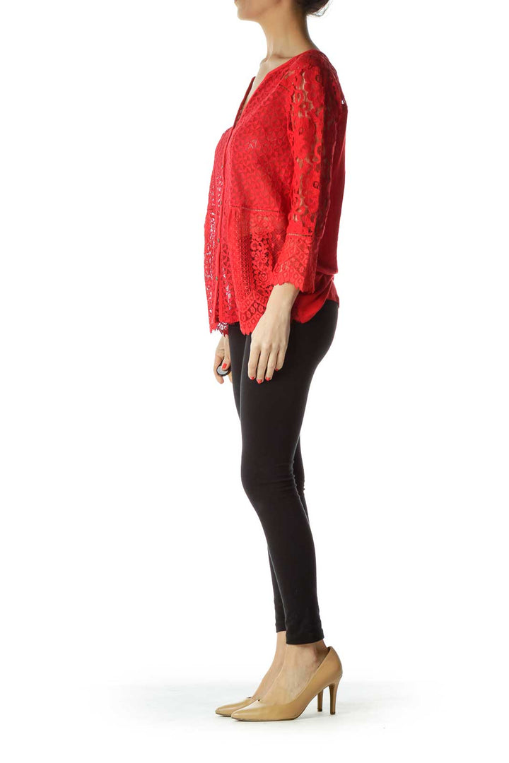 Red Lace Buttoned Blouse