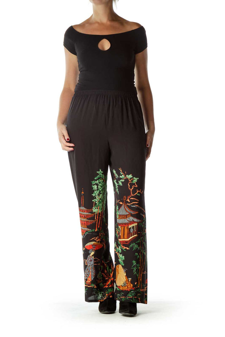 Black Print Silk Pant