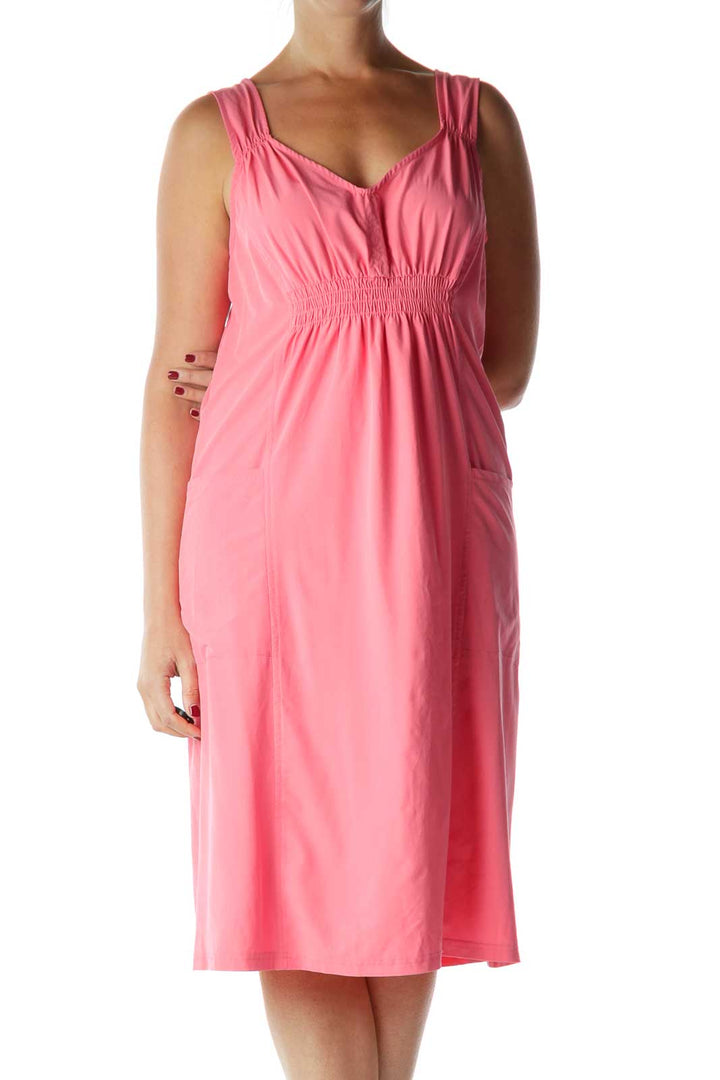 Pink Scrunched V-Neck Day Dress