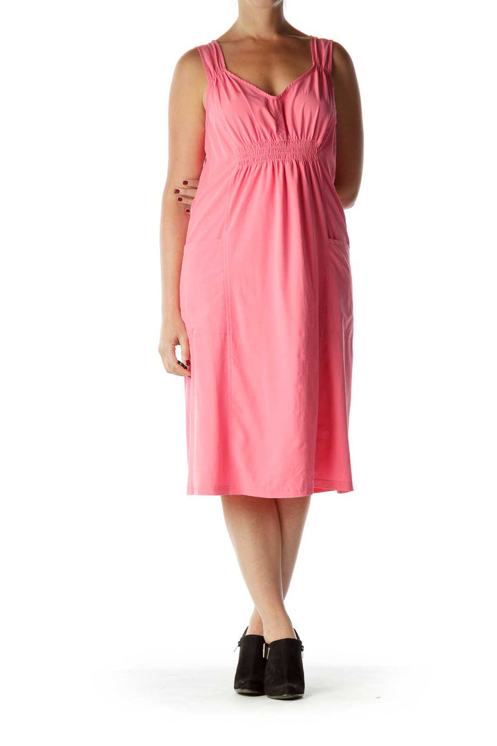 Pink Scrunched V-Neck Day Dress